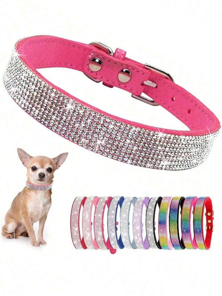 Dog Collar For Small Dogs, Adjustable Microfiber Leather Suede Bling Dog Collars,Pink Dog Collar Cat Collar, Rhinestone Dog Collar. - Hot Pink - View 1