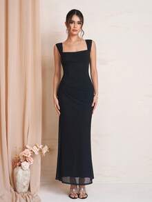 PARTHEA Elegant Black Off‑Shoulder Mermaid Maxi Dress, Draped Neck Mesh Bodycon Formal Party Long Dress - Black - View 5