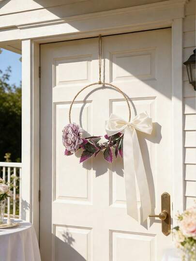 1pc Bohemian Style Floral Wreath Decor Ring, Aesthetic Floral Bow Pendant, Rustic Farmhouse Wall Decor, Romantic Floral Wreath, Spring/Summer Home Decor, Wedding Party Backdrop, Bedroom/Living Room Window/Wall Decor, Photo Prop, Home Decorations