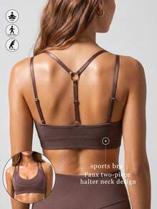 Runway Rest 2 In 1 Halter Neck Design Women's Seamless Sports Bra - Brown - View 4