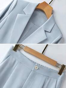 Women's Spring/Summer Commuter Pleated Design 3/4 Sleeve Loose Single-Breasted Blazer & Wide Leg Pants Set - Baby Blue - View 6
