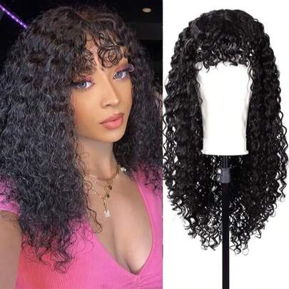 150% 密度深卷短波波头假发，带刘海，适合初学者，蓬松卷曲，无需胶水，适合女性日常佩戴