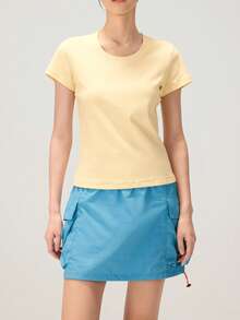 CAMEL CROWN Áo thun nữ cổ tròn tay ngắn, chất liệu cotton thoáng khí, thích hợp mặc lót trong mùa hè. - Phô mai trái cây màu vàng - Xem 3