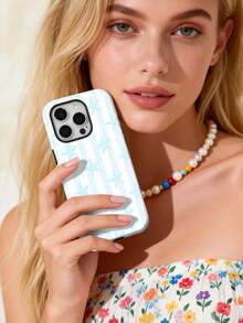 1pc Summer Girl Fresh Sweet Striped Starfish Pattern Glossy 2-In-1 Filmic Hard Phone Case Suitable For Samsung/ 11/12/13/14/15/16/17 Pro Max - Multicolor - View 4