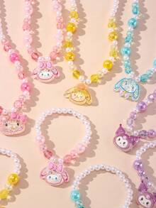 SANRIO 5件套三丽鸥女孩可爱小猫、小狗和珍珠串珠项链套装，适合节日派对、学校、生日礼物等场合。 - 彩色 - 查看 4