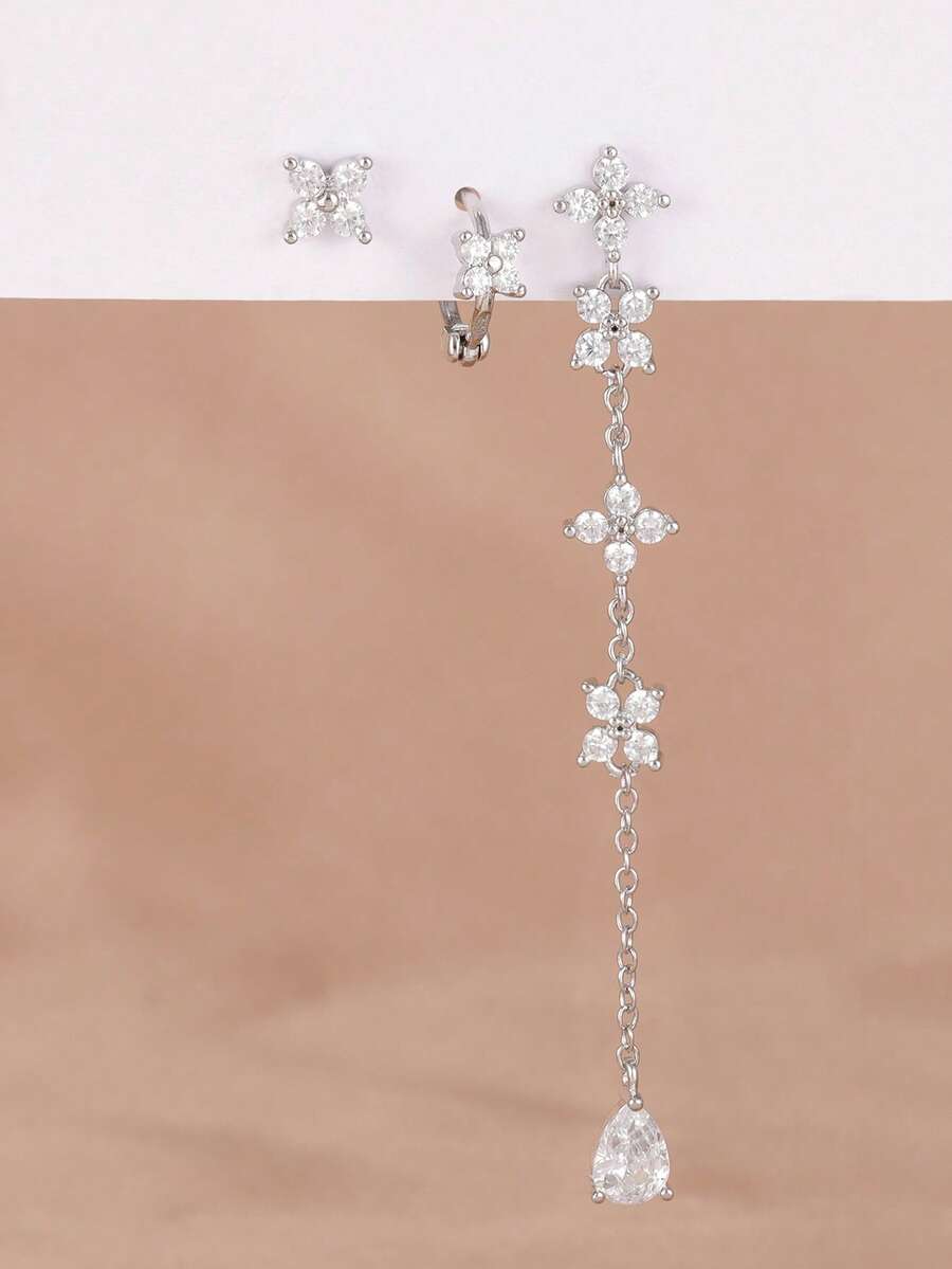 3 Stück funkelnde Zirkonia Blumen Quaste Ohrstecker Sets für Frauen, einzigartiger koreanischer Mode Schmuck mit Kleeblatt Creolen - 3 Stück – Silber - Übersicht 1