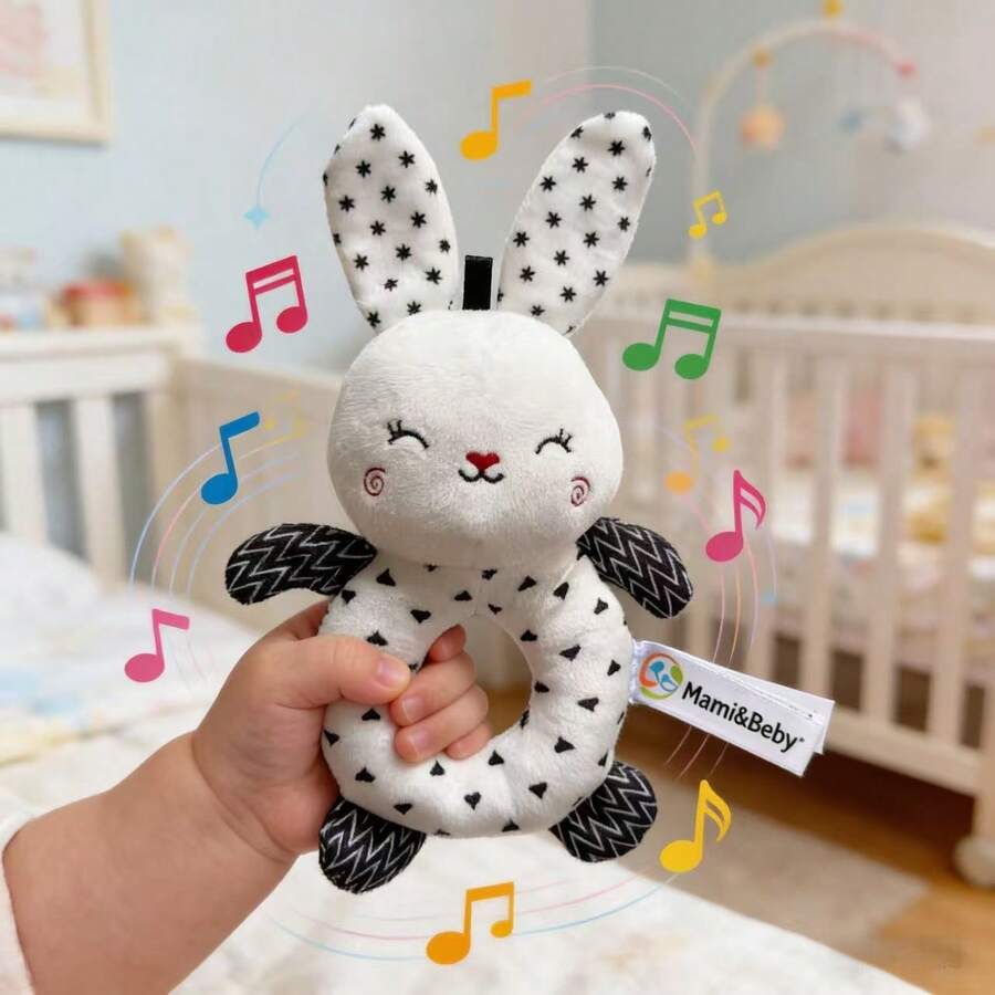 Sonajero de dentición con diseño de animales en blanco y negro con sonido chillón - Juguete sensorial de mano adecuado para recién nacidos de 0 a 12 meses, lindo aro de agarre para el desarrollo temprano