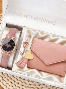 3pcs Simple Casual Women's Quartz Watch Set, Sweet And Fresh Style Pink PU Leather Strap Quartz Watch Accessories Set For Women (Pink Strap Butterfly Dial Women's Quartz Watch, Pink PU Leather Short Wallet, Rose Gold Rose Bracelet). - Pink - View 7