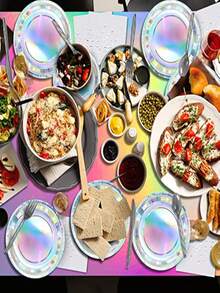 10pcs Rainbow Paper Plates, Round Disposable Plates Suitable For Cake, Salad, Pizza, Etc., Holographic Rainbow Silver Decor Party Supplies, Including 9-Inch Paper Plates, 7-Inch Laser Paper Plates, 9oz Paper Cups, Perfect For Garden Parties, Weddings, Anniversaries, Birthdays, Holidays - Multicolor - View 11