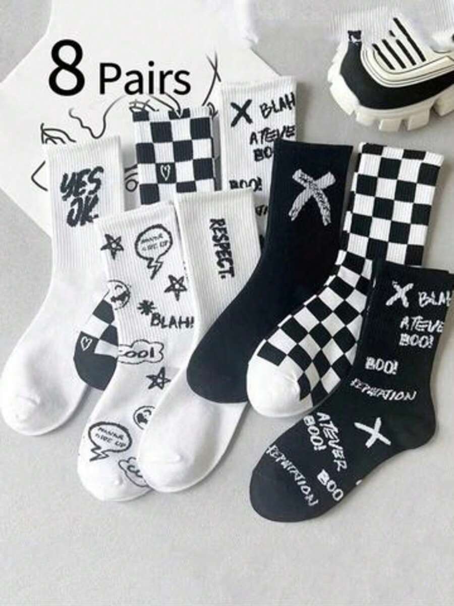 8 Pasang Kaos Kaki Pendek Motif Kotak-kotak dan Huruf Grafiti Warna Acak untuk Anak Laki-laki, Perempuan, Remaja, Gaya Kasual Jalanan, Cocok untuk Musim Semi/Gugur, Kaos Kaki Olahraga, Kaos Kaki Pelajar - MultiWarna - View 1