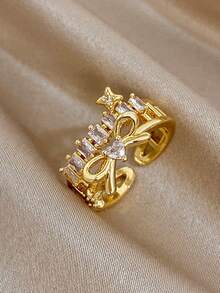 18K Gold Plated Anti-Fading Elegant Butterfly Heart Bow Zirconia Adjustable Ring Set, Women's Vintage Jewelry, For Valentines, Party, Gala, Daily, Dating, New Years, Wedding, Beach, Christmas Anniversary, Elegant Mom Gift Boho Jewelry Birthday Bridesmaid Gift Regal Elegant Accessory Set - Multicolor - View 10