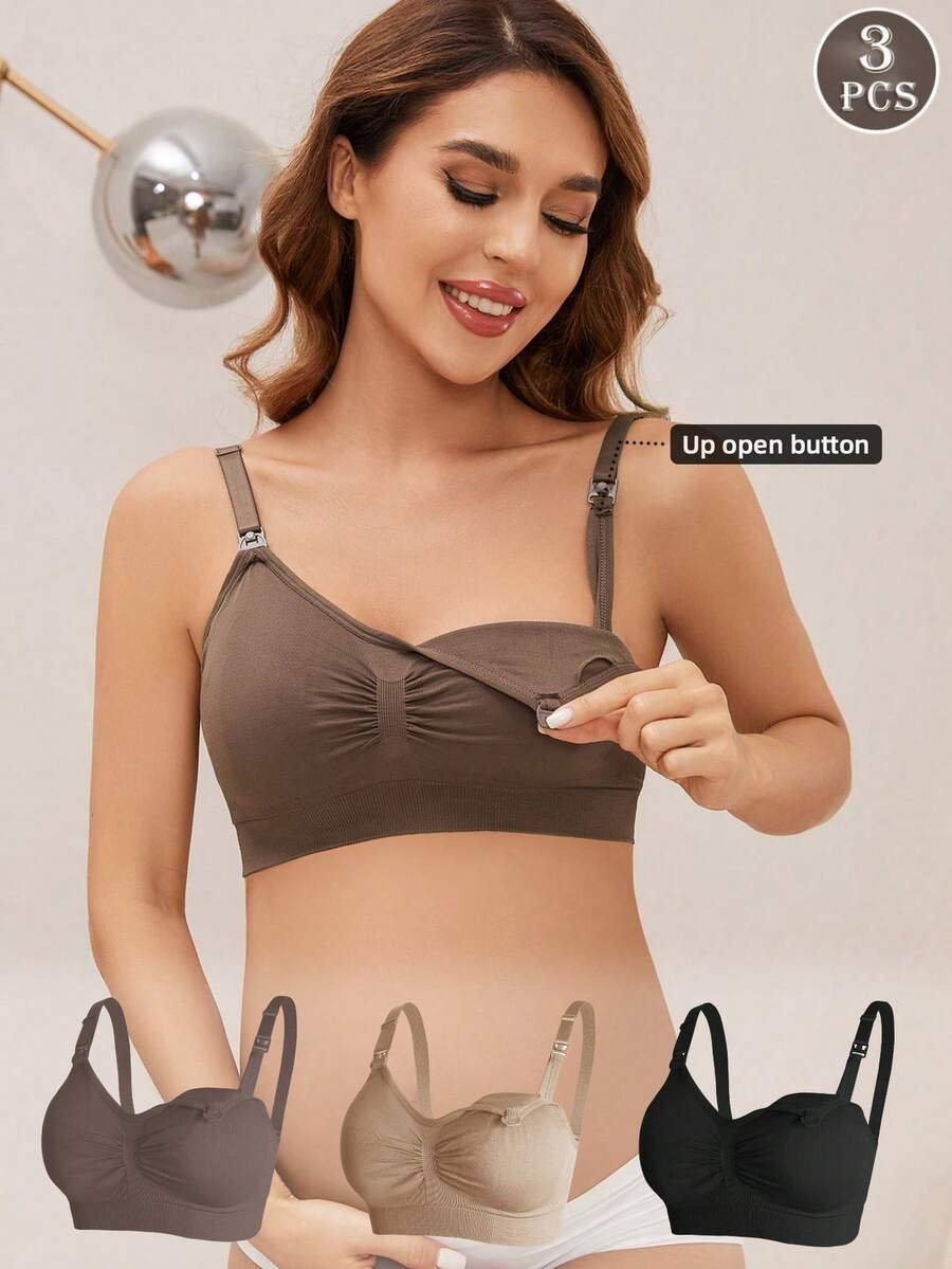 Hart & Haze Set de 3 sujetadores de maternidad de nailon, sujetadores de lactancia con broche delantero, ropa interior de maternidad con elevación y soporte inalámbrico