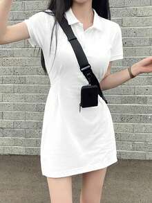 2025新款夏季女款修身休閒收腰純色 Polo 領中長洋裝，優雅白色 - 白色 - 查看 5