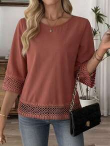 Blusa blanca elegante de talla grande para mujer con adorno de encaje a crochet, de longitud regular para primavera - Rojo ladrillo - Ver 5