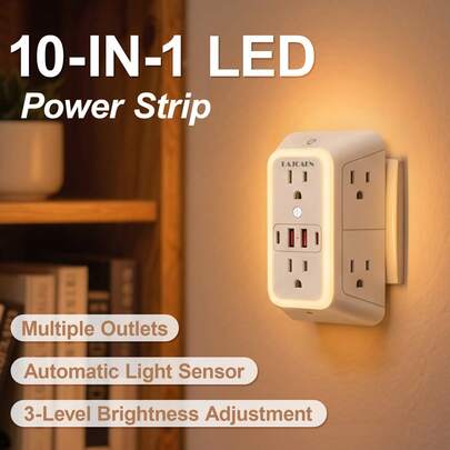 Multi Plug Outlet Surge Protector 6 Outlet Extender With 4 USB Ports (2 USB C) And Night Light, 3-Sided Power Strip With Adapter Spaced Outlets