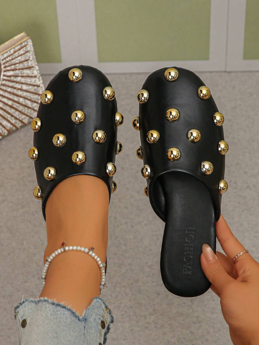 Vintage Rivet Backless Mules Women Shoes, Flat Slip-On Punk Style Comfortable Versatile Outdoor Slippers,Summer Outfits - Black - View 1