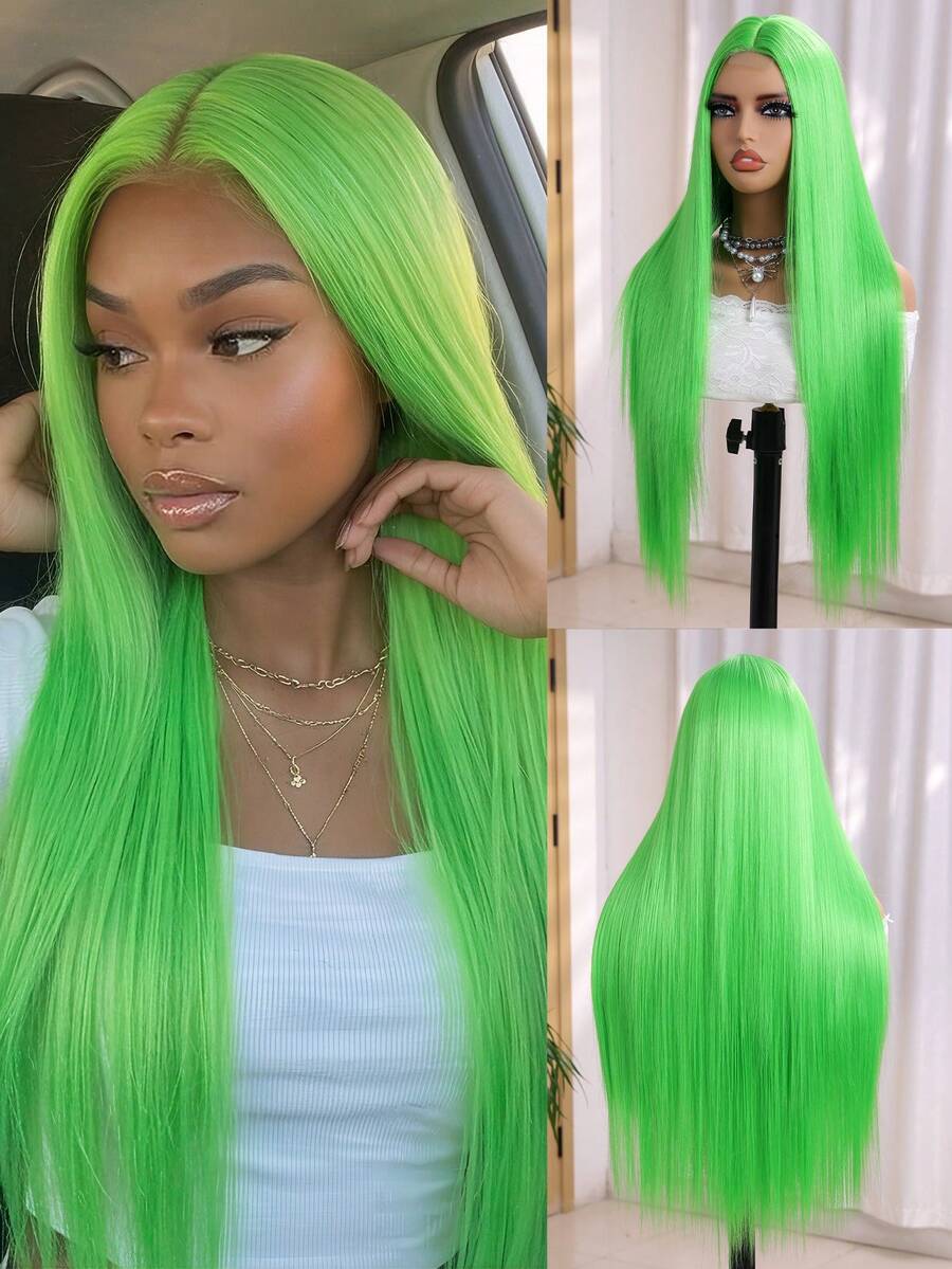 4*2 U-Part Lace Wig No Bang Wigs 30Inches Green Color Extra Long Straight Synthetic Party Wig For Women Middle Part Hairline Natural Looking Daily Party Wear Full Wig - Green - View 1