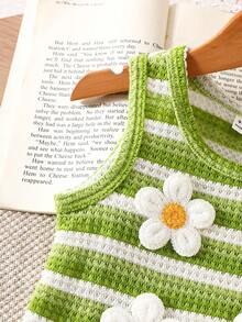 Baby Girl Summer 2-Piece Set: Sleeveless Striped Knit Top With Cute 3D Floral Decor And Ruffled Hem Striped Shorts, Soft & Breathable Fabric Suitable For Daily Wear, Outings - Hijau - View 4