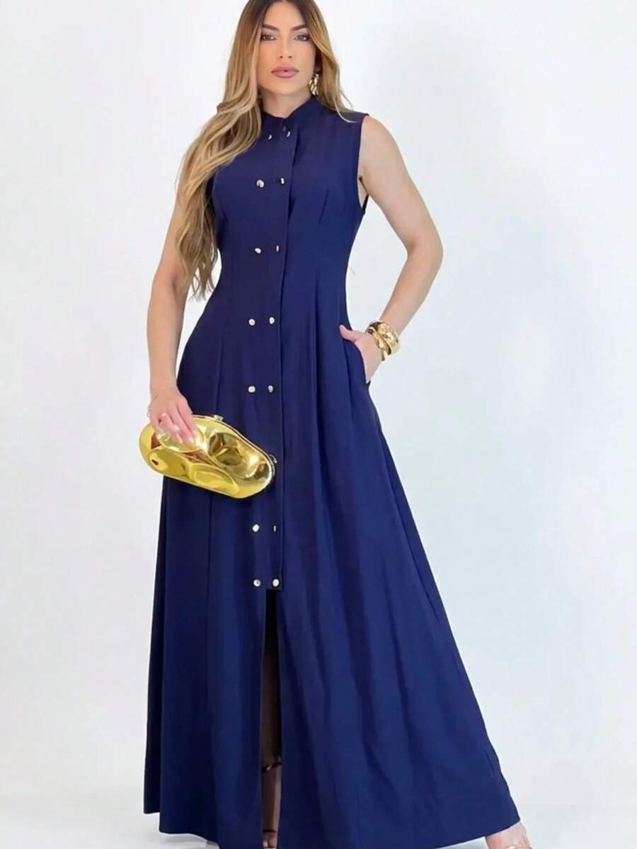 Women's Long Dress With A Simple High Neck And Front Buttons. Autumn/Winter. - Azul - Ver 1