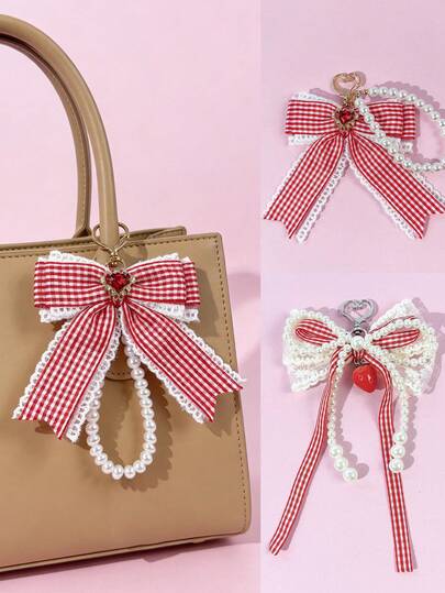 1 adet Tatlı Çilek Desenli Dantel Kurdele, Yapay İnci Zincir, Taşlı Süslü Fiyonk Aksesuarı, Çanta Süslemek, Kıyafetlerle Uyumlu Olmak İçin Uygun, Günlük Kullanım ve Her Durum İçin Çok Yönlü, Modaya Uygun Kızlar İçin Zarif Aksesuar