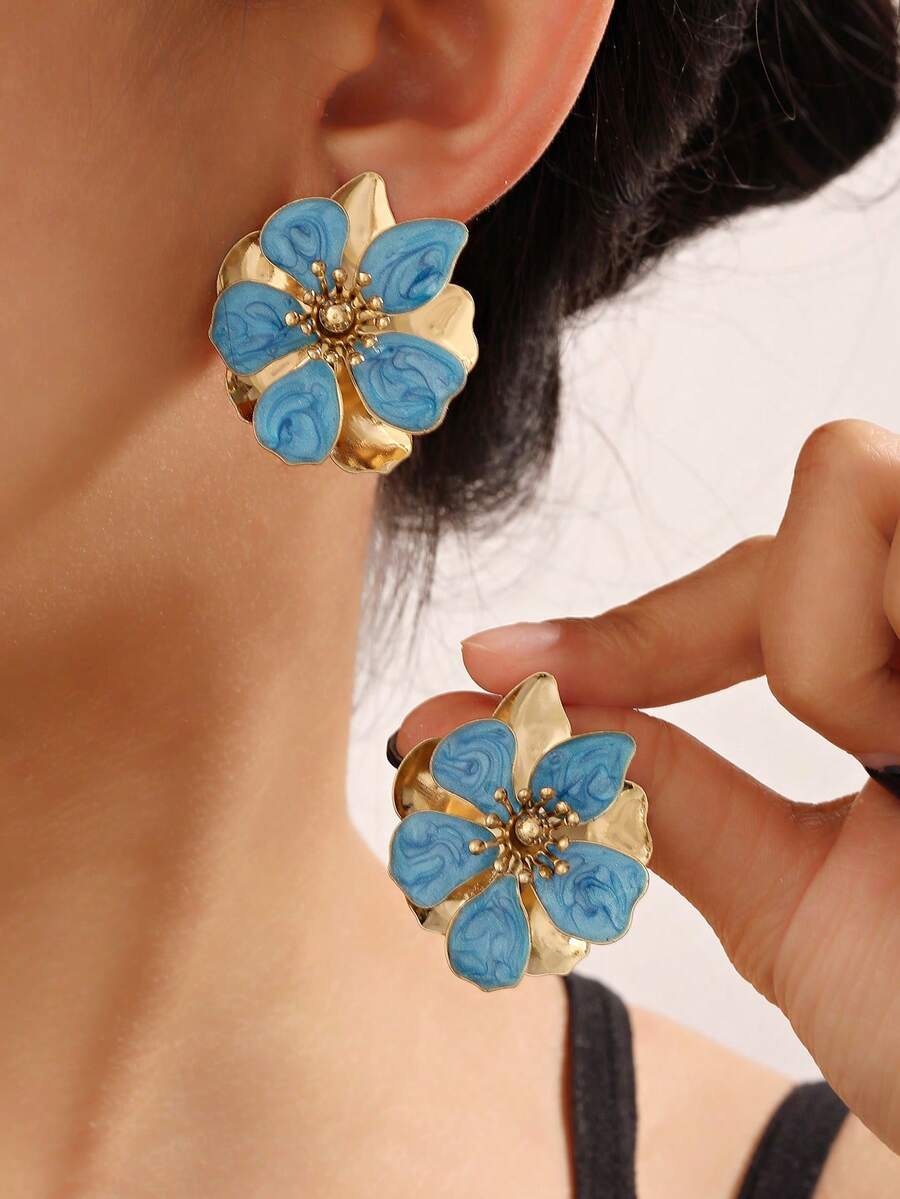 1 Pair Summer Fresh Geometric Asymmetrical Minimalist Elegant Floral Earrings, Ins Style - Multicolor - View 1