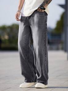 1pc Justice Brother Casual High Street Washed Snowflake Gray Loose Fit Wide Leg Jeans Pants For Men (Belt And Accessories Not Included) - Grey - View 5