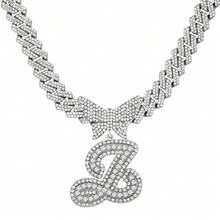 14mm Cuban Link Crystal Butterfly Letter Name Pendant Necklace, Sparkling Paved Rhinestone Cursive Letter Hip Hop Jewelry, New Arrival - Necklace - View 9
