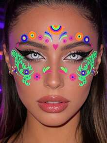 4 piezas de tatuajes temporales florales neón, pegatinas de arte corporal que brillan en la oscuridad, adecuadas para fiestas nocturnas, festivales de música, arte en las mejillas y las cejas en primavera/verano - Multicolor - Ver 3