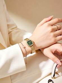 1pc Elegant Retro Fashion Quartz Watch For Women, Gold-Plated Case, High-Quality Alloy Material, Minimalist Chic Style, Perfect Match For Modern Casual Outfits - Green - View 5
