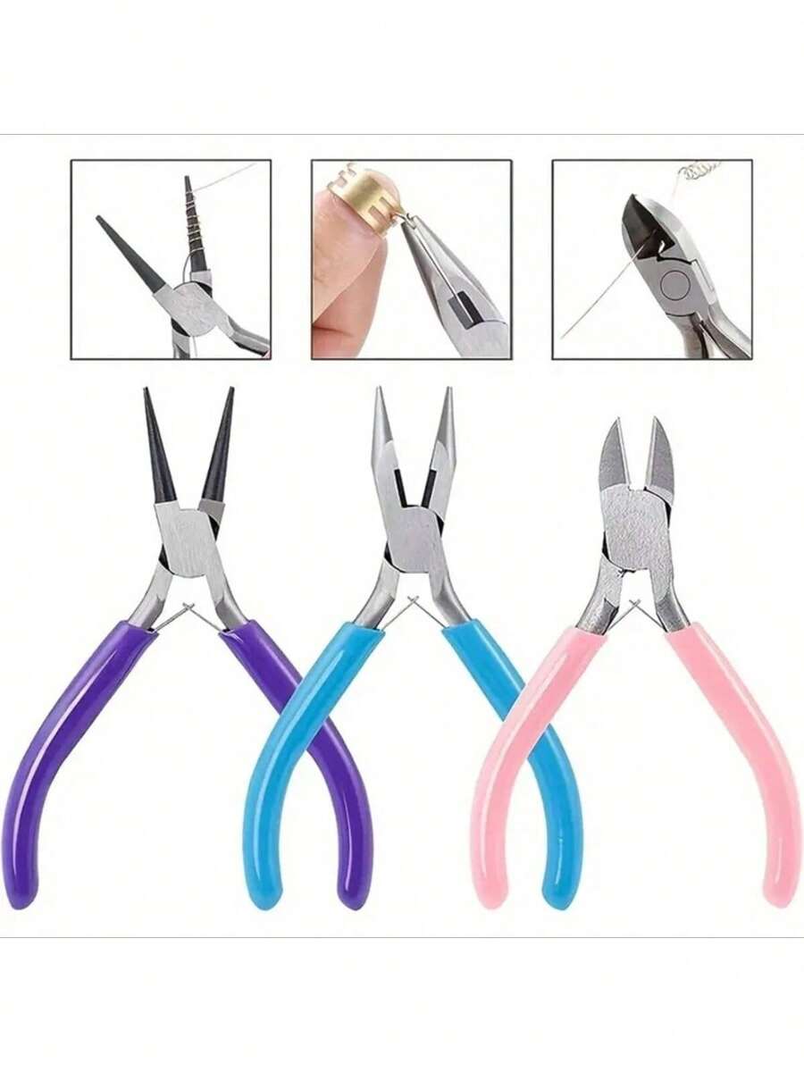 Bộ 1 kìm làm trang sức gồm kìm mũi tròn, kìm mũi nhọn và kìm cắt cạnh, thích hợp cho các dự án thủ công DIY, xâu hạt và sửa chữa. - không có - Xem 1