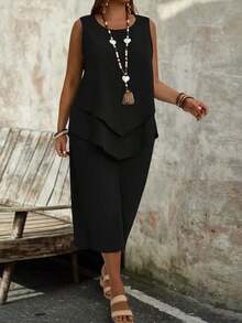 EMERY ROSE Plus Size Women Solid Color Round Neck Top And Wide Leg Pants Casual Daily Summer 2 Pieces Set Pant Suit Summer Sets Capri Sets Women Black Jumpsuit Women Elegant Vest And Pants Set Capri Jumpsuit Women Vacation Outfit Sets Women Elegant Outfits Black Sleeveless Top And Pants Set Classy Coords Outfit For Women Women 2 Piece Outfit Casual - 多色 2 - 查看 5