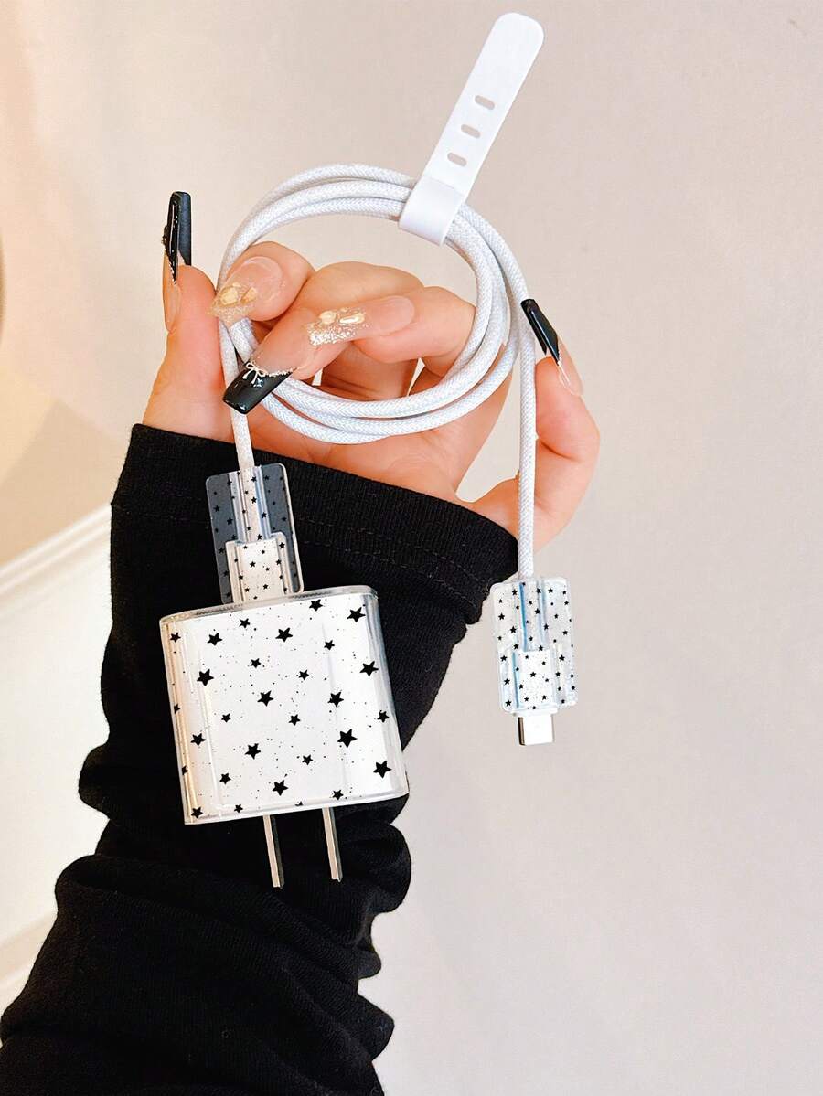 4pcs Polka Dot & Star Pattern Phone Charging Accessory Set, Including 1 Charger Protective Case + 1 White Data Cable Strap + 2 Data Cable Protective Cases - 20W/18W Charger Adapter, Adapter Cover, Compatible With IPhone 11/12/13/14/15/16/13 Pro Max/16 Pro Max/17 Pro Max - Multicolor - View 1