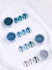 4pcs Blue Magic Mirror Nail Powder - Silver, Blue Mirror Metallic Holographic Nail Powder, Y2K Spring/Summer Captivating Nail Art Decor, Nail Salon Supplies, DIY Nail Products - Multicolor - View 9
