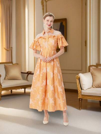 DEVCHATA 复古浪漫女士派对礼服，女士花卉提花超大摆正式连衣裙，时尚百搭，完美适合参加鸡尾酒会和宴会（花卉图案随机）