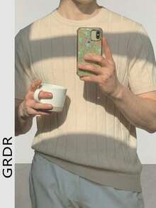 GRDR Men's Summer Knit Solid Ribbed Short Sleeve Sweater, Sporty Casual, Suitable For Outdoor Activities - Apricot - View 9