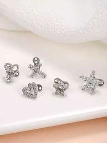 1pc Minimalist Stainless Steel Hollow Heart Shaped Rhinestone Inlaid Body Piercing Clip-On Earring Accessory, Minimally Invasive Piercing - Silver - View 8