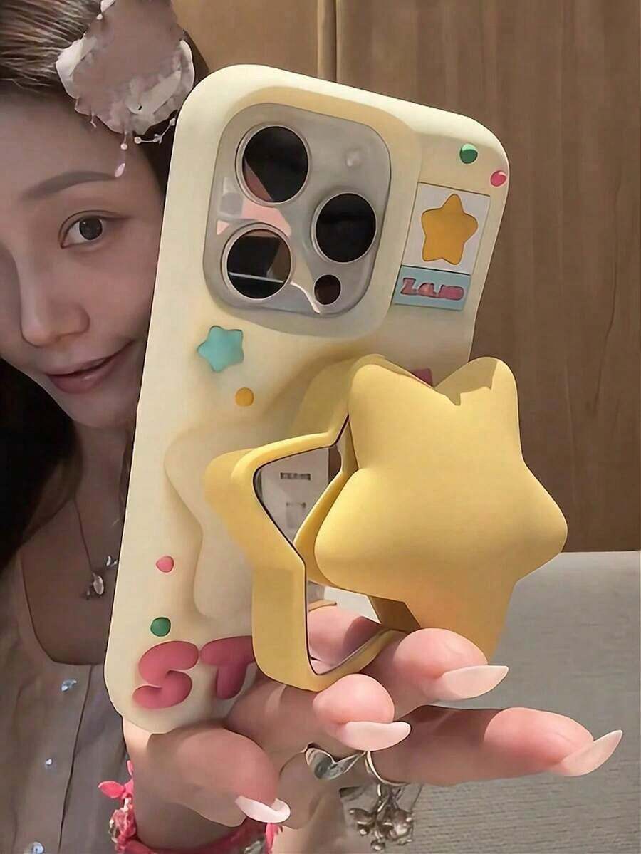 Cute Cartoon Star Flip Mirror Holder Phone Case Suitable For IPhone 17/16/15/14/13 ProMax/12/11 Soft Silicone Retro Girl Style Belt Hidden Touch Up Mirror Protective Case (Tear Off Protective Film Before Use) - 黃色 - 查看 1