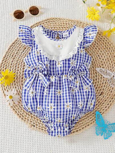 Bộ áo liền quần cho bé gái, chất liệu vải dệt mềm mại và thoải mái, có nơ 3D và họa tiết hoa, tay ngắn, thích hợp mặc ngoài trời, mùa xuân/hè.