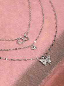 2 件蝴蝶和心形多层项链，多层锁骨链，欧美风格情人节 - 銀色 - 查看 4