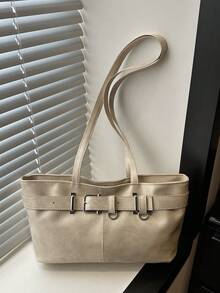 1pc Vintage Large Capacity Tote Bag, Commuter Oversized Underarm Bag, Fashion Motorcycle Bag, PU Solid Color Oiled Wax Leather, Strap Decor, Zipper Closure, Women's Shoulder Bag For Work, School, Travel, Shopping, Business, Suitable For Daily Use - Beige - View 10