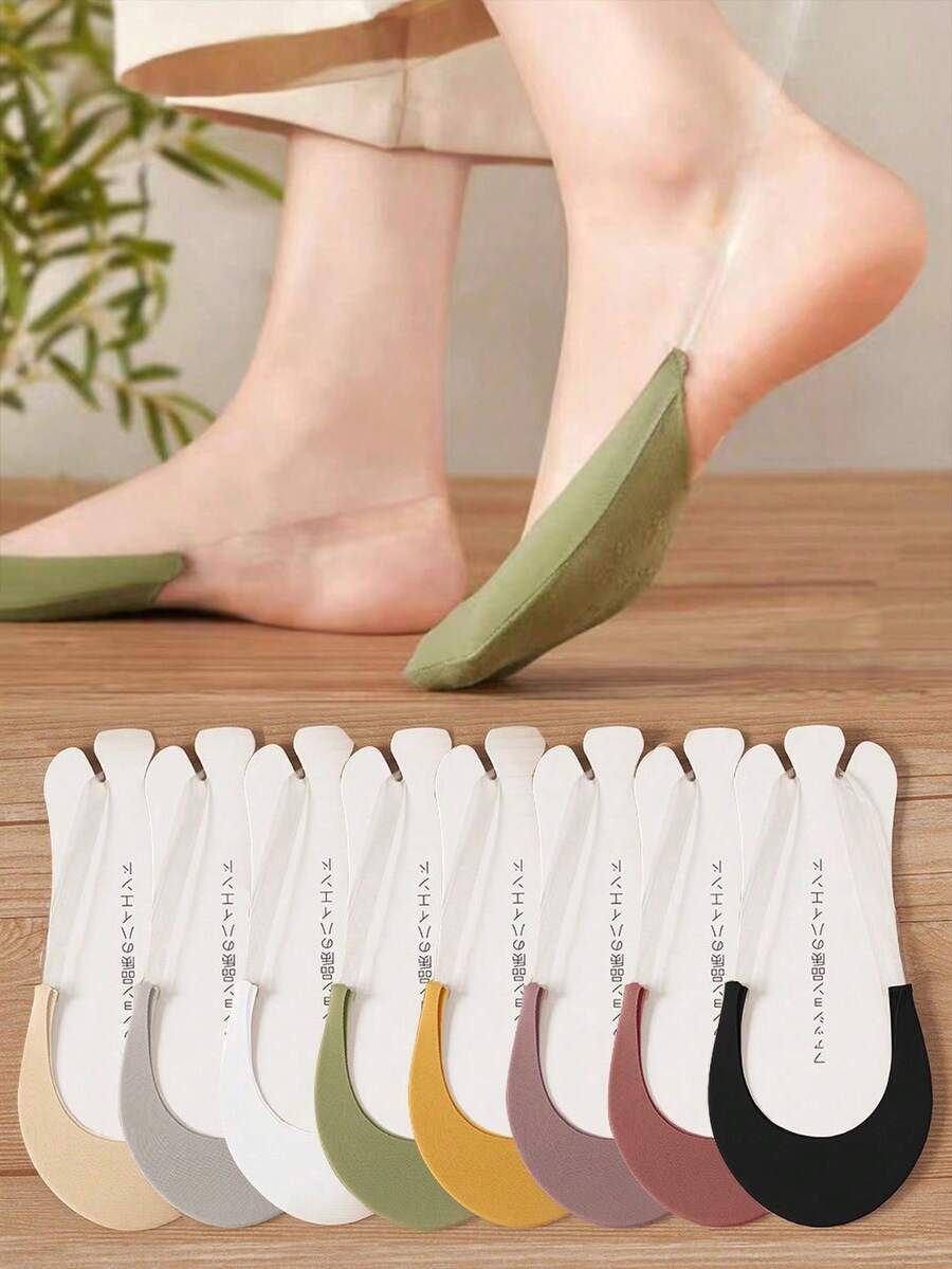 8双女士隐形船袜，硅胶防滑高跟鞋袜，薄冰丝半趾袜（无纸板），圣诞礼物 - 彩色 - 查看 1