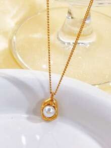 1 chiếc vòng cổ choker trang trí bằng ngọc trai giả và vỏ sò, thiết kế độc đáo, thanh lịch dành cho phụ nữ. - Vàng - Xem 3