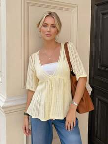 Women's Summer New Loose Hollow Lace-Up Knitted Cardigan, Minimalist Low Neck Short Sleeve Crochet Mesh Lightweight Sun Protection Top - 珊瑚橙 - 查看 11