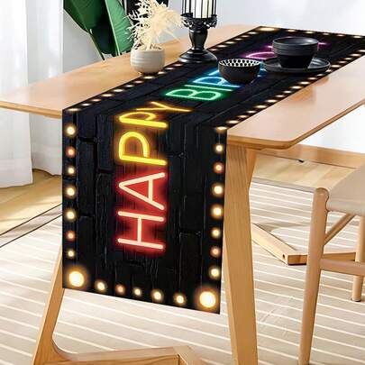 1pc Happy Birthday Neon Lights Table Runner,Retro Birthday Party Table Cover,Disco Style Tablecloth,Birthday Party Decor,Dinning Table Centerpiece Decor,Happy Birthday Decor, Kitchen Decorative,Table Runner For Family Gatherings,Party Photo Props,Spring Party Decor,Decor For Home,Made Of Polyester And Machine Washable