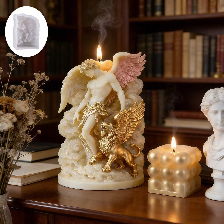 1pc White Creative Holy Angel And Guardian Lion Mold, Vividly Depicting Angel Wings And Lion Clouds, Easy To Demold And Reusable Silicone Mold, Suitable For Making Scented Candles, Plaster Or Resin Artworks, Is A Sacred Gift For Religious Festivals Or Special Celebrations, And A Mysterious Choice For Home Decoration. - White - Angel Flying Lion - View 1