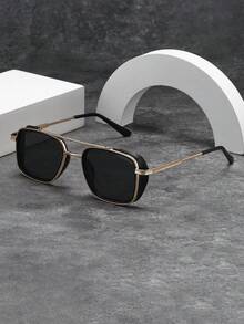 Retro Rectangular Double-Bridge Aviator Style Black Fashion Glasses, Casual Decoration & Daily Wear For Men And Women - Black - View 2