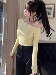性感修身不对称肩部长袖露脐上衣 春季 - 黃色 - 查看 1