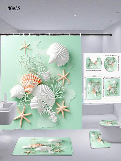Bộ 1/3/4 món rèm tắm họa tiết vỏ sò và sao biển màu xanh bạc hà cho phòng tắm, họa tiết đại dương tươi mát và ba chiều, chất liệu polyester có thể giặt được, chống thấm nước, phụ kiện trang trí phòng tắm, kèm 12 móc - Bao gồm cả tấm phủ bồn cầu, thảm tắm và thảm trải sàn, hoàn hảo cho nhà/phòng ngủ/phòng khách/đồ dùng gia đình/mùa hè