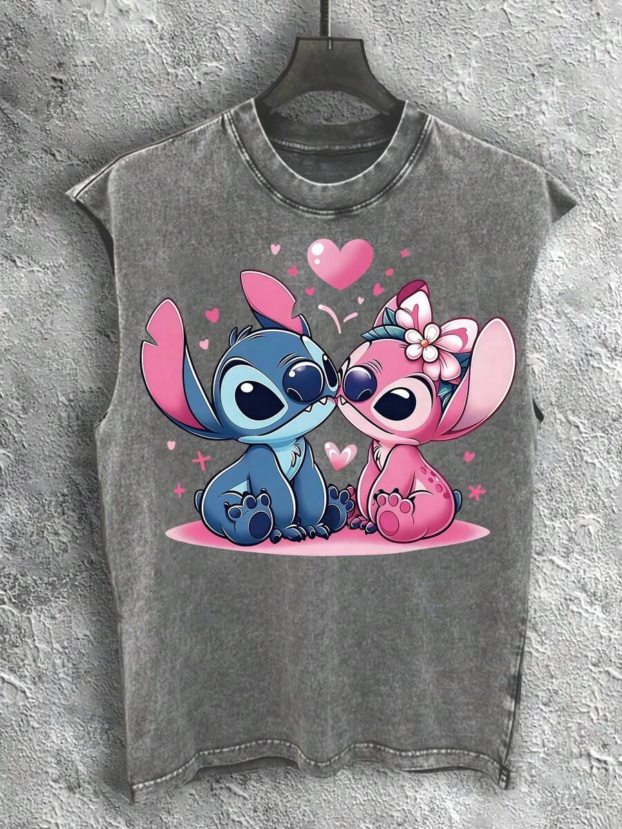 Disney Vintage Washed Stitch & Angel Couple Love Print Sleeveless Tank Top - Xám - Xem 1
