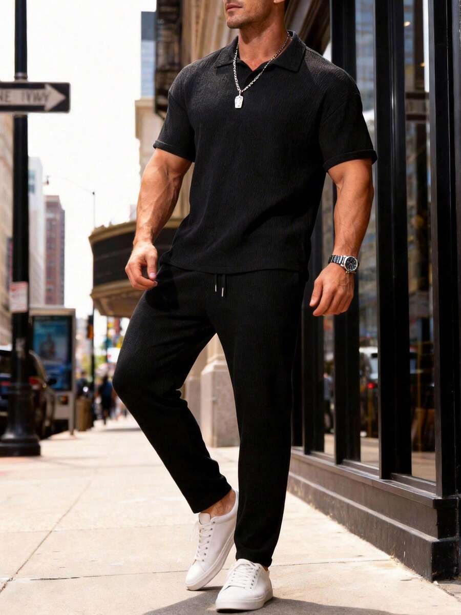 男士纹理 Polo 衫和裤子套装，舒适服装 - 黑色 - 查看 1
